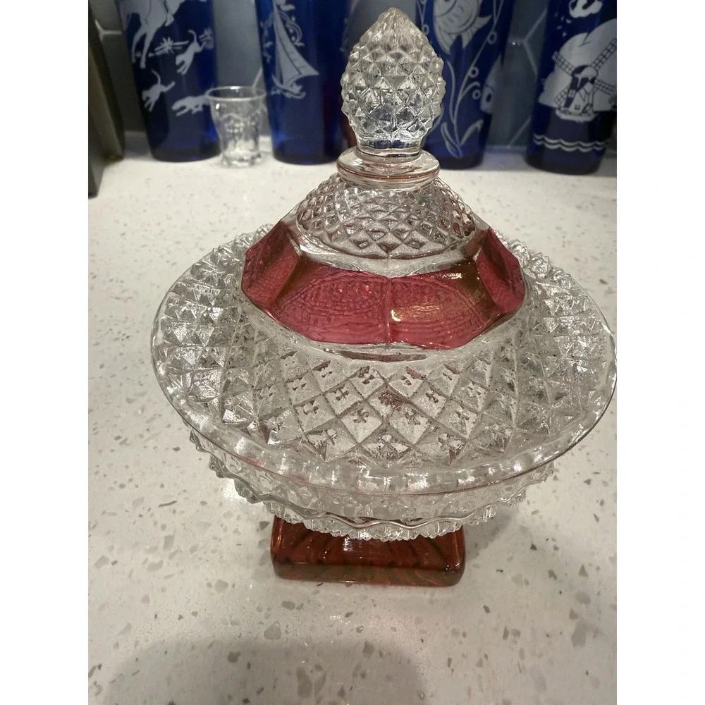 Westmoreland English Hobnail Crystal Ruby Flashed Candy Dish Mid Century Glass